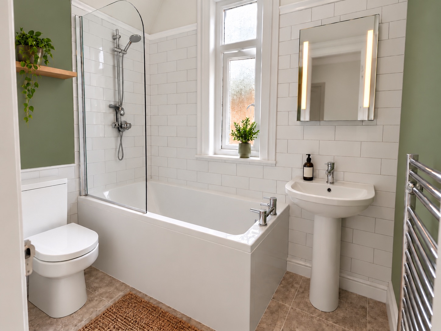 Bathroom with a full-size bath, overhead shower and glass screen, white metro tiles, basin, WC and heated towel rail