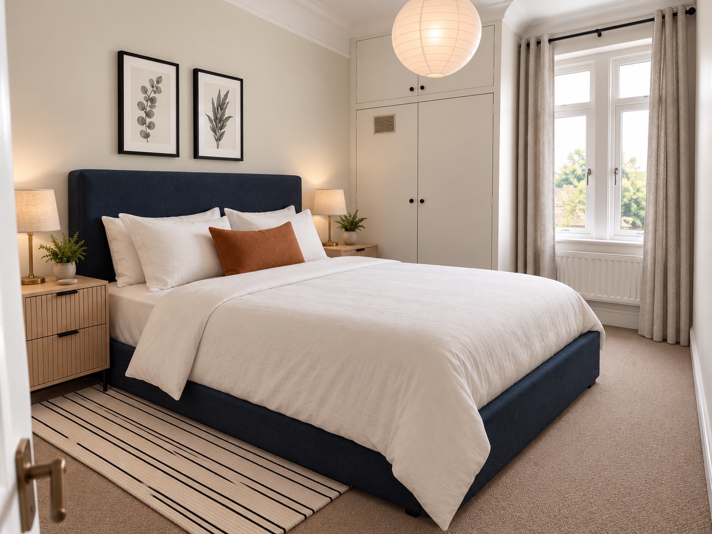 Bedroom with a navy upholstered bed, crisp white linen, a light wood bedside chest and a built-in wardrobe