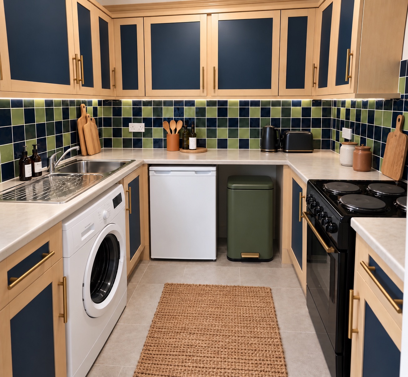 Galley kitchen with birch and navy units, a green and navy tiled splashback, cooker, fridge and washing machine