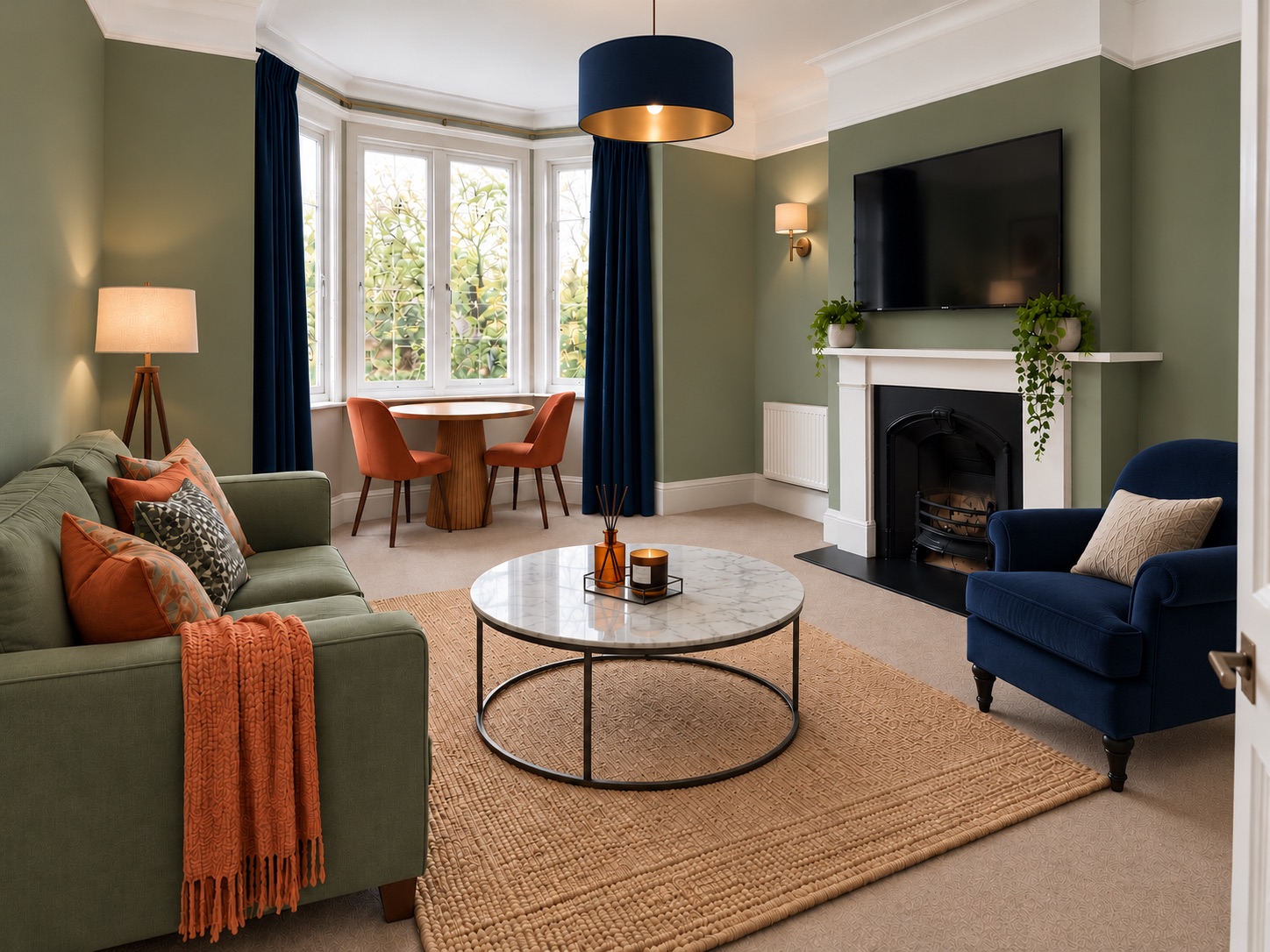 Green sofa, navy velvet armchair and marble coffee table in front of a period fireplace with a wall-mounted television above